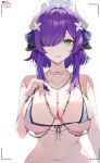  1girl absurdres animal_ears arm_at_side azur_promilia bare_arms bare_shoulders bikini blue_ribbon breasts cathbelle_(azur_promilia) commentary cow_ears cow_girl cow_horns flower glint green_eyes hair_flower hair_ornament hair_over_one_eye hair_ribbon hand_up highres horns jewelry large_breasts looking_at_viewer maid_headdress micro_bikini mole mole_under_eye navel necklace o-ring o-ring_bikini o-ring_top one_eye_covered parted_lips purple_hair recording ribbon short_hair_with_long_locks simple_background skindentation solo stomach swimsuit timestamp untranslatable_commentary upper_body viewfinder weinayi white_background white_bikini white_flower 