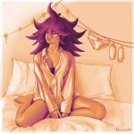  1girl absurdres alternate_costume artist_name barefoot big_hair border breasts cleavage clothes_pin commentary danganronpa_(series) danganronpa_2:_goodbye_despair english_commentary eyelashes full_body fuyuhiko25 hair_between_eyes highres indoors limited_palette long_hair long_sleeves on_bed open_mouth owari_akane panties pillow procreate_(medium) sidelocks sitting smile socks solo teeth underwear unworn_panties unworn_socks upper_teeth_only white_border 