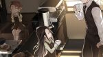  1boy 2girls black_hair blvefo9 bow brown_eyes brown_hair cup disposable_coffee_cup disposable_cup dress dutch_angle forehead green_eyes hair_bow hat indoors long_hair looking_at_another looking_to_the_side multiple_girls necktie otome_no_tokuisei profile revision short_hair sitting standing 