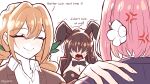  3girls absurdres akakichi_no_eleven akakichi_no_eleven_redraws anger_vein animal_ears artist_name black_bow black_bowtie black_hair black_jacket blazer blonde_hair bow bowtie breast_envy breasts brown_cardigan cardigan cleavage closed_eyes collar collared_shirt commentary covered_eyes detached_collar embarrassed emoticon english_commentary english_text eyelashes false_smile fingernails flower from_behind green_ribbon hair_flower hair_intakes hair_ornament hair_over_eyes hair_ribbon hanazono_hakari hand_on_another's_shoulder highres inda_karane jacket jpsklr kakure_meme kimi_no_koto_ga_dai_dai_dai_dai_daisuki_na_100-nin_no_kanojo large_breasts long_bangs long_hair low_twintails medium_hair meme multiple_girls nervous_sweating nontraditional_playboy_bunny ohananomitsu_high_school_uniform open_collar open_mouth pink_hair rabbit_ears ribbon school_uniform shaking shirt sidelocks simple_background smile sweat talking tongue twintails wavy_mouth white_background white_collar white_shirt 