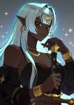  1girl absurdres bracelet breasts brown_eyes dark-skinned_female dark_elf dark_skin earrings elf english_commentary hair_intakes highres hoop_earrings jewelry long_hair looking_at_viewer medium_breasts necklace original pointy_ears quwellet solo sword upper_body weapon white_hair 