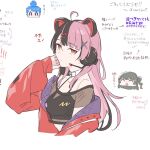  3girls ahoge animal_ear_headphones animal_ears bang_dream! bang_dream!_yumemita black_hair breasts cat_ear_headphones cat_ears choker commentary_request crop_top fake_animal_ears green_hair headphones jacket kanade_(kanade_3344) medium_breasts microphone mole mole_under_mouth multicolored_hair multiple_girls orange_eyes pink_hair red_jacket sengoku_yuno simple_background translation_request two-tone_hair viola_(bang_dream!) white_background white_choker 