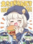  +++ 3girls :d aoba_(blue_archive) arms_up blue_archive blue_hat blue_jacket bow brown_hair brown_shirt burger chibi closed_eyes commentary_request fang food gloves green_hair guriin hair_over_shoulder halo hat highres hikari_(blue_archive) holding holding_food jacket long_hair long_sleeves low_twintails multiple_girls newsboy_cap notice_lines nozomi_(blue_archive) parted_lips puffy_long_sleeves puffy_sleeves shako_cap shirt short_eyebrows siblings sisters smile thick_eyebrows translation_request twins twintails white_background white_gloves yellow_bow 