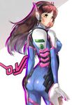  absurdres artist_name ass bodysuit breasts brown_hair bubble_blowing character_name chewing_gum cowboy_shot d.va_(overwatch) dated eyebrows eyebrows_visible_through_hair facepaint facial_mark from_behind gloves han_xiao_xue_beifang_xue_ji headphones high_collar highres long_hair looking_at_viewer looking_back medium_breasts overwatch pilot_suit shoulder_pads solo turtleneck whisker_markings white_gloves yellow_eyes 