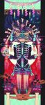  1girl akiakane animal_skeleton aqua_rope bird_skeleton biting black_jacket bleeding blood blood_from_eyes blood_in_hair blood_on_face blue_background blue_fire blue_hair bone bone_hair_ornament bottle bow candle chest_harness cloud_print colored_blood colored_smoke colorful commentary dancing fire fish_skeleton floating_candle flower full_moon ghost gradient_hair green_background grey_eyes hair_between_eyes hair_ornament harness highres holding holding_skull jacket long_sleeves moon multicolored_eyes multicolored_hair neon_palette ofuda original pile_of_skulls pillarboxed pink_blood pink_bow pink_eyes pink_fire pink_rope plant potted_plant print_jacket print_shorts purple_shorts red_background ribs rope saturated short_hair shorts skeleton skull smoke solo spine standing tassel untranslatable_commentary wrist_cuffs xiangyun 