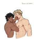  2boys absurdres bara biceps blonde_hair blue_eyes blush broad_shoulders brown_eyes brown_hair commentary covering_another's_mouth cropped_torso dark-skinned_male dark_skin dungeon_meshi english_commentary finger_to_mouth from_side hand_over_another's_mouth highres kabru laios_touden large_pectorals male_focus multiple_boys muscular muscular_arms muscular_male nipples patreon_username pectorals shushing simple_background suyohara topless_male white_background yaoi 