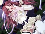  1girl 2000s_(style) blush breasts closed_eyes elbow_gloves game_asset gloves grabbing_own_breast long_hair magical_girl mahou_senshi_(series) mahou_senshi_princess_tear medium_breasts night nipples non-web_source official_art open_clothes open_mouth open_shirt outdoors panties pantyshot princess_tear red_hair ribbon saitou_natsuki self-datamine shirt solo tearna_lilian_transylveil thighhighs underwear variant_set visual_novel_cg white_panties white_thighhighs 