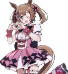  1girl :d ;d animal_ears black_bow black_bowtie bow bowtie brown_eyes brown_hair dress hair_between_eyes hair_bow heart heart_hands horse_ears horse_girl horse_tail idol kokora_(kokorahen) looking_at_viewer one_eye_closed pink_bow pink_dress puffy_short_sleeves puffy_sleeves purple_bow short_sleeves simple_background smart_falcon_(love_4ever)_(umamusume) smart_falcon_(umamusume) smile solo tail twintails umamusume white_background 