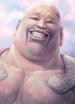  1boy absurdres bald commentary_request double_chin east_asian facial_hair fat fat_man fu_manchu_(mustache) grin head_tattoo heart heart_tattoo highres hokuto_no_ken long_mustache male_focus mr._heart mustache pectorals portrait sakkan smile solo tattoo 