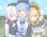  >_< 3girls :d ;d arm_around_shoulder beret bird_hat_ornament black_bow black_bowtie black_capelet black_choker black_coat black_hat blonde_hair blue_hair blue_necktie blue_skirt bonnet bow bow_flower bowtie braid braided_hair_rings capelet choker closed_eyes coat collared_coat collared_shirt commentary_request deerstalker dress flower frilled_capelet frilled_dress frilled_sleeves frills gradient_hair green_bonnet green_eyes grey_vest hair_bow hair_flower hair_ornament hair_rings hat hat_bow hat_flower hat_ribbon lolita_fashion long_hair long_sleeves looking_at_viewer mahou_shoujo_no_majo_saiban multicolored_hair multiple_girls neck_ribbon necktie one_eye_closed open_mouth outdoors pink_hair plaid_clothes plaid_skirt retang_8 ribbon sakuraba_ema shirt short_hair skirt sky sleeveless sleeveless_coat smile tachibana_sherry tono_hanna twintails vest white_flower white_hair white_ribbon white_shirt white_sleeves wide_sleeves wings x_hair_ornament yellow_eyes 