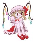  1girl blonde_hair bloomers closed_mouth collared_shirt commentary dress english_commentary fang fang_out flandre_scarlet flandrepudding frown hat hat_ribbon highres mary_janes mob_cap one_side_up pinafore_dress pointy_ears procreate_(medium) red_dress red_eyes red_ribbon ribbon shirt shoes simple_background sitting sketch sleeveless sleeveless_dress socks solo touhou white_background white_bloomers white_hat white_shirt white_socks wings 