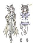  1girl animal_ears black_boots black_gloves black_hair black_pants boots bow bowtie brown_eyes brown_hair closed_eyes closed_mouth coat ear_covers gloves goggles goggles_around_neck hair_between_eyes horse_ears horse_girl horse_tail laughing long_hair lung_(ro22ng) multicolored_hair open_mouth pants pleated_skirt puffy_short_sleeves puffy_sleeves purple_bow purple_bowtie purple_shirt sailor_collar sailor_shirt school_uniform shirt short_sleeves simple_background skirt smile stay_gold_(sunlit_outsider)_(umamusume) stay_gold_(umamusume) summer_uniform tail thighhighs tracen_school_uniform umamusume white_hair white_sailor_collar white_shirt white_skirt white_thighhighs yellow_coat 