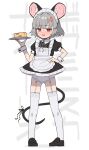  1girl absurdres alternate_costume anger_vein angry animal_ears apron asakura_haru black_dress black_ribbon black_shoes blush cheese commentary_request dress embarrassed enmaided food full_body garter_straps grey_hair hand_on_own_hip highres holding holding_tray looking_at_viewer maid maid_apron maid_headdress microdress mouse_ears mouse_girl mouse_tail nazrin neck_ribbon open_mouth panties puffy_short_sleeves puffy_sleeves red_eyes ribbon shoes short_sleeves smile solo tail thighhighs touhou translation_request tray underwear white_apron white_panties white_thighhighs white_wrist_cuffs wrist_cuffs 
