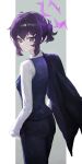  1girl absurdres black_pants black_vest blue_archive chinese_commentary closed_mouth clothes_on_shoulders commentary_request cowboy_shot from_behind grey_background hair_ornament hairclip halo haruka_(blue_archive) haruka_(suit)_(blue_archive) highres jianjia looking_back pants ponytail purple_eyes purple_hair purple_halo shirt short_ponytail sidelocks simple_background solo two-tone_background vest white_background white_shirt 