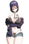  1girl 4kunsi absurdres between_breasts bikini black_bikini black_hair black_nails blue_jacket blue_shorts breast_tattoo breasts chest_tattoo collarbone commentary_request cowboy_shot crow_(nikke) denim denim_shorts goddess_of_victory:_nikke green_eyes highres jacket korean_commentary large_breasts long_sleeves multicolored_hair navel open_clothes open_fly open_jacket open_shorts red_streaks shorts side-tie_bikini_bottom sign_of_khorne simple_background strap_between_breasts streaked_hair swimsuit tattoo white_background 