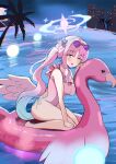  1girl absurdres blue_archive blush breasts building commentary eyewear_on_head flower hair_flower hair_ornament halo heart heart-shaped_eyewear highres large_breasts long_hair mika_(blue_archive) mika_(c108_swimsuit)_(blue_archive) night one-piece_swimsuit open_mouth pink_hair pink_halo pink_one-piece_swimsuit pool purple-tinted_eyewear purple_flower side_ponytail smyin_rii solo sunglasses swan_boat swimsuit tinted_eyewear very_long_hair white_wings wings yellow_eyes 