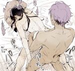  2boys anal black_hair blush collarbone commentary_request completely_nude dark-skinned_male dark_skin earrings ensemble_stars! fingernails from_above hands_on_another's_hips heart jewelry kanzaki_souma kneeling long_hair male_focus male_penetrated multiple_boys nude on_bed otogari_adonis pillow puff_of_air purple_hair sex sex_from_behind short_hair sumomoi_(dvcat) sweat top-down_bottom-up translation_request trembling yaoi 