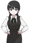  1girl :< aegyo_sal annoyed belt black_dress black_hair black_ribbon chainsaw_man collared_shirt commentary dress fourth_east_high_school_uniform frown hands_on_own_hips highres korean_commentary long_hair long_sleeves looking_at_viewer low_twintails mitaka_asa neck_ribbon pinafore_dress ribbon school_uniform shirt simple_background sleeveless sleeveless_dress solo straight-on twintails urabe_700 v-shaped_eyebrows white_background white_shirt 