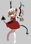  1girl absurdres arms_behind_back ascot blonde_hair commentary_request crystal_wings derivative_work flandre_scarlet frilled_skirt frills full_body grey_background hat hat_ribbon highres holding holding_weapon laevatein_(touhou) looking_at_viewer mob_cap official_art_redraw pale_skin puffy_short_sleeves puffy_sleeves red_eyes red_skirt red_vest ribbon shirt short_sleeves side_ponytail skirt socks solo sprite_redraw touhou tya_514 vest weapon white_shirt wings yellow_ascot 