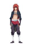  1boy artist_request black_headband black_jacket boots closed_mouth collarbone facial_mark fingerless_gloves full_body gloves grey_boots grey_gloves grey_pants guy_crimson hair_between_eyes headband jacket long_hair looking_at_viewer male_focus navel no_shirt official_art pants red_eyes red_hair second-party_source simple_background solo standing tensei_shitara_slime_datta_ken toned toned_male transparent_background very_long_hair white_boots 
