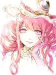  1girl bare_shoulders bead_necklace beads chinese_commentary choker closed_mouth commentary_request covenant_of_time_(infinity_nikki) cropped_torso drill_hair eye_on_hat eyelashes eyes_visible_through_hair gloves gold_ring green_choker hand_on_own_cheek hand_on_own_face happy hat heterochromia highres infinity_nikki jewelry light_blush lipstick lishao_lishao long_hair looking_at_viewer low_twintails makeup multiple_rings necklace nikki_(series) nostrils official_alternate_color pink_eyes pink_gloves pink_hair pink_hat pink_lips purple_eyes ring ring_on_every_finger sidelocks simple_background smile solo straight-on twin_drills twintails wavy_hair white_background wizard_hat 
