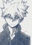  1boy bakugou_katsuki boku_no_hero_academia buttons closed_mouth collared_jacket collared_shirt commentary_request dress_shirt gakuran grey_background greyscale hair_between_eyes high_collar highres jacket looking_at_viewer male_focus monochrome nikaidou_iroha open_collar partial_commentary sanpaku school_uniform shirt short_hair simple_background sketch solo spiked_hair spot_color straight-on tsurime twitter_username upper_body v-shaped_eyebrows 