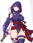  1girl absurdres bare_shoulders braid breasts cosplay dress genshin_impact highleg highleg_leotard highres hioyami katana large_breasts leotard long_hair looking_at_viewer marvel mole mole_under_eye musou_isshin_(genshin_impact) psylocke psylocke_(cosplay) purple_dress purple_eyes purple_hair purple_leotard raiden_shogun solo sword thighhighs very_long_braid weapon x-men 