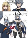  absurdres asymmetrical_bodysuit black_horns blue_eyes breasts carrying carrying_multiple_people carrying_person carrying_under_arm cissia_(zenless_zone_zero) cleavage dorahdew dracaene_sunbringer dress eldreda_sunbringer english_commentary english_text grey_hair hair_between_eyes hair_ornament hair_over_one_eye heterochromia highres horns large_breasts lifting_person lindverne_sunbringer long_hair multiple_girls speech_bubble wise_(zenless_zone_zero) yellow_eyes zenless_zone_zero 