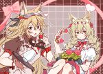  2girls alternate_costume animal_ear_fluff animal_ears antique_phone apron arknights beanstalk_(arknights) beanstalk_(ribbons_of_promise)_(arknights) black_dress blonde_hair blush bow braid breeze_(arknights) breeze_(half-sweet_strawberry)_(arknights) brown_dress brown_eyes cake closed_mouth collar cup dress fang flower food fork frills fruit hair_between_eyes hair_bow hairband heart highres holding holding_food holding_phone holding_tray long_hair looking_at_viewer maguro_kan maid multiple_girls open_mouth parfait phone pink_bow puffy_short_sleeves puffy_sleeves red_bow red_eyes red_flower short_sleeves sitting smile spoon strawberry tray twin_braids white_apron white_collar white_dress wrist_cuffs 