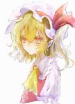  1girl ascot blonde_hair closed_mouth collared_shirt commentary_request crossed_bangs flandre_scarlet hat highres medium_hair mob_cap pointy_ears puffy_short_sleeves puffy_sleeves red_eyes red_vest shirt short_sleeves side_ponytail simple_background solo tadugane touhou upper_body vest white_background white_hat white_shirt yellow_ascot 
