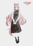  1girl 55555may absurdres alternate_costume animal_ears arknights artist_name bag barcode black_bow black_bowtie black_shoes black_skirt black_socks black_vest bow bowtie character_name collared_shirt commentary_request copyright_name full_body grey_background highres holding holding_bag long_hair long_sleeves pink_eyes pink_hair pozyomka_(arknights) shirt shoes simple_background skirt socks solo standing tail very_long_hair vest white_shirt wolf_ears wolf_girl wolf_tail 