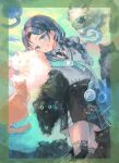  1girl absurdres animal_ear_headphones animal_ears black_cat black_hair black_skirt black_thighhighs blue_eyes braid cat cat_ear_headphones cat_ears collared_shirt commentary_request fake_animal_ears hai_bokusha headphones highres idolmaster idolmaster_shiny_colors looking_at_viewer lying mitsumine_yuika multiple_cats orange_cat shirt skirt smile sweater_vest thighhighs twin_braids unworn_headphones white_cat 