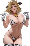  1girl :o absurdres alternate_costume animal_ear_hairband animal_ears animal_print artist_name bare_shoulders bell bikini blonde_hair blue_eyes blush breasts bright_pupils cleavage clothes_lift collar collarbone cow_ear_hairband cow_ears cow_horns cow_print cow_print_bikini cow_print_gloves cow_print_thighhighs cowbell cowboy_shot curtained_hair dot_nose english_commentary fake_animal_ears fake_horns fantastic_four gloves groin hairband hands_up highleg highleg_bikini highres horns kalennoir large_breasts linea_semilunaris lingerie looking_at_viewer marvel marvel_rivals medium_hair micro_bikini navel open_mouth pink_lips print_bikini print_gloves print_thighhighs raised_eyebrow red_collar sideboob signature simple_background skindentation solo standing stomach strap_lift sue_storm swimsuit teeth thick_thighs thigh_gap thighhighs thighs underboob underwear upper_teeth_only white_background white_hairband wide_hips 