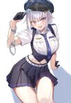  1girl alternate_costume alternate_hair_length_(shorter) alternate_hairstyle arm_behind_back belt blue_pupils braid breasts commentary contemporary crop_top elf emilia_(re:zero) gloves hair_ornament handcuff_dangle hat hat_tip highres hikimori_hikiko large_breasts leaning_to_the_side light_blush looking_at_viewer medium_hair midriff navel necktie official_alternate_costume on_floor open_mouth pleated_skirt pointy_ears police police_hat police_uniform policewoman purple_eyes re:zero_kara_hajimeru_isekai_seikatsu shirt sitting skirt smile solo stomach sweatdrop twitter_username white_background white_belt white_hair x_hair_ornament 