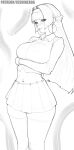  1girl absurdres arm_under_breasts astra_yao blush breasts commentary cowboy_shot earrings greyscale hairband highres i_s_s_h_i_n jewelry large_breasts long_hair looking_at_viewer monochrome navel patreon_username shirt skirt smile solo thighhighs white_hairband zenless_zone_zero 