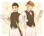  2boys :q ace_attorney apron armband black_hair black_vest blonde_hair border brown_eyes brown_hat brown_ribbon buttons clenched_hand closed_eyes closed_mouth collared_shirt commentary_request cowboy_shot cross_tie cup dashed_border deerstalker drinking_glass drinking_straw eighth_note facing_ahead food food_on_face fork goggles goggles_on_headwear hair_between_eyes hand_on_own_hip hand_up hands_up hat herlock_sholmes highres holding holding_fork holding_plate holding_spoon ice ice_cube katana l_hand licking_lips lilimogi07 long_sleeves looking_ahead looking_at_object male_focus multiple_boys musical_note notice_lines open_mouth outside_border pink_cross_tie plaid_background plate red_ribbon ribbon ryunosuke_naruhodo scabbard sheath sheathed shirt short_hair small_sweatdrop smile speech_bubble spoken_musical_note spoon sword teeth the_great_ace_attorney tongue tongue_out upper_teeth_only very_short_hair vest waist_apron waistcoat waiter weapon white_apron white_border white_shirt yellow_background 