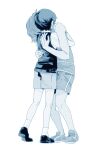  2boys antenna_hair chinese_commentary collared_shirt commentary_request dark-skinned_male dark_skin greyscale highres hug kel_(faraway)_(omori) kel_(omori) leg_hair male_focus monochrome multiple_boys omori shirt shoes short_hair short_sleeves shorts simple_background sneakers socks sunny_(omori) sweater_vest xiangmian_fumin 