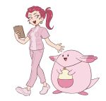  1girl :d alternate_costume alternate_hair_length_(shorter) alternate_universe blue_eyes breast_pocket chansey clipboard commentary earrings egg english_commentary eyelashes full_body highres holding holding_clipboard jessie_(pokemon) jewelry kiana_mai lips lipstick makeup medium_hair necklace nurse open_mouth panties pink_panties pink_shirt pink_shoes pocket pokemon pokemon_(anime) pokemon_(classic_anime) pokemon_(creature) ponytail red_hair red_lips shirt shoes short_sleeves simple_background smile sphere_earrings teeth underwear upper_teeth_only white_background 