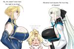  3girls ahoge artoria_pendragon_(fate) artoria_pendragon_(lancer)_(fate) black_dress blonde_hair blue_eyeshadow blue_gloves blue_leotard blue_nails blush blush_stickers braid breasts chibi choker cleavage_cutout clothing_cutout commentary crown_braid crying dress drooling elbow_gloves english_commentary english_text eyeshadow fate/apocrypha fate/grand_order fate_(series) gloves green_eyes high_ponytail highres huge_breasts leotard makeup mordred_(fate) morgan_le_fay_(fate) mouth_drool multiple_girls nail_polish open_mouth ponytail shirt short_ponytail sideboob sidelocks simple_background snow_weiss_(xsnow_weissx) spiked_choker spikes white_background white_shirt wide_sleeves 