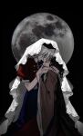  2girls black_background black_hair dress fine_art_parody full_moon hat highres houraisan_kaguya kiss long_hair moon multiple_girls night outdoors parody pink_shirt poxiao354 puffy_short_sleeves puffy_sleeves shirt short_sleeves standing the_kiss touhou two-tone_dress upper_body veil white_hair white_veil wide_sleeves yagokoro_eirin yuri 