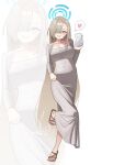  1girl asuna_(blue_archive) blonde_hair blue_archive blue_eyes blue_halo blush breasts cellphone cleavage collarbone commentary_request covered_navel dongtan_dress dress grey_dress grin hair_over_one_eye halo highres holding holding_phone ikanzako large_breasts leg_up long_hair looking_at_viewer phone sandals smartphone smile solo very_long_hair 