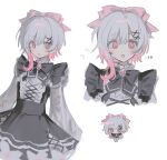  1girl :d ? ?? black_bow black_bowtie black_dress bow bowtie chibi chibi_inset cross-laced_clothes cross-laced_dress dress fang flower-trimmed_dress flower-trimmed_skirt gradient_hair hair_bow hair_ornament inagoinaire karaoke_manekineko layered_dress long_sleeves looking_at_viewer mahou_shoujo_no_majo_saiban multicolored_hair multiple_views open_mouth pink_bow pink_eyes pink_hair sakuraba_ema short_hair simple_background smile white_background white_hair white_sleeves x_hair_ornament 