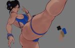  1girl aoran_p.b. ass backless_swimsuit bikini black_hair blue_bikini blue_nails bracelet breasts brown_eyes chun-li chun-li_(ssf2_swimsuit) commentary curvy double_bun english_commentary grey_background hair_bun highres jewelry kicking nail_polish pov simple_background street_fighter swimsuit thick_thighs thighs toned toned_female unfinished 