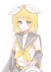  ... 1girl arm_tattoo bangs_pinned_back belt black_sailor_collar black_sleeves blonde_hair blush bow closed_mouth clothes_grab commentary_request crop_top cropped_shirt detached_sleeves grabbing_another's_shirt green_eyes hair_bow hair_ornament hairclip kagamine_rin long_sleeves looking_at_viewer midriff navel neckerchief number_tattoo orkaj_93 parallel_hairclips sailor_collar shirt short_hair sidelocks simple_background sleeveless sleeveless_shirt solo spoken_ellipsis tattoo treble_clef upper_body vocaloid white_background white_bow white_shirt yellow_belt yellow_neckerchief yellow_trim 