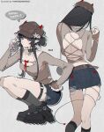  1girl absurdres alternate_costume alternate_hairstyle aotu_world artist_name back_cutout bag belt belt_collar black_collar black_hair black_nails black_shoes black_socks blue_eyes bow breasts brown_belt brown_hat brown_shirt cathon613 cellphone character_name chinese_commentary clothing_cutout collar collarbone commentary_request demon_horns demon_tail denim denim_skirt earrings fake_horns fashion fingernails fishnet_socks fishnets flip_phone from_behind full_body hair_bun hat hat_ornament highres hoop_earrings horns jewelry kaili_(aotu_world) long_hair long_sleeves looking_at_viewer multiple_views o-ring o-ring_thigh_strap phone pointy_ears red_bow red_ribbon ribbon shirt shoes shoulder_bag sidelocks skirt small_breasts socks speech_bubble squatting star_(symbol) star_hat_ornament tail thigh_strap y2k_fashion 