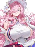  1girl absurdres azur_lane blue_eyes bonnet breasts commentary_request dress eyes_visible_through_hair flower gloves hair_over_one_eye highres large_breasts long_hair pink_hair sideboob simple_background smile solo superb_(azur_lane) upper_body white_background white_bonnet white_dress white_flower white_gloves white_sleeves xiao_feifei 