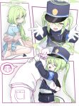  1boy 1girl :d armband bag black_tail blue_archive blue_armband blue_pajamas blue_shirt blush_stickers buttons closed_eyes commentary_request demon_tail double-breasted gloves green_hair green_halo hair_between_eyes hair_ornament hair_scrunchie halo hat highres hug hug_invitation kepi keyring long_hair long_sleeves looking_at_another looking_at_viewer low_side_ponytail military_hat millet_pepper nightgown nozomi_(blue_archive) nozomi_(kujibikido)_(blue_archive) official_alternate_costume pajamas pantyhose peaked_cap scrunchie sensei_(blue_archive) shawl shirt shirt_under_shirt short_shorts shorts shoulder_bag side_ponytail sitting smile tail twintails wariza white_gloves white_pantyhose white_shirt yellow_eyes 