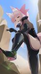  1girl absurdres aifankuendefeng animal_ear_fluff animal_ears black_bodysuit blue_sky blurry bodysuit bow clothing_cutout commentary_request day depth_of_field desert elbow_on_knee fang fate/grand_order fate_(series) fox_ears fox_girl fox_tail from_below glasses grey-framed_eyewear hair_bow high_heels highres hip_vent holding holding_removed_eyewear koyanskaya_(assassin)_(first_ascension)_(fate) koyanskaya_(fate) latex latex_bodysuit leg_up open_mouth outdoors pink_hair ponytail rectangular_eyewear rock sidelocks sky solo sun_glare sunlight tail teeth thighs unworn_eyewear upper_teeth_only yellow_eyes 
