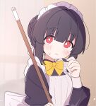  1girl absurdres apron black_dress blush bow braid brown_hair closed_mouth dress hair_bun hand_up highres long_sleeves looking_at_viewer maid maid_apron maid_headdress original puffy_long_sleeves puffy_sleeves red_eyes riya_(01214) small_sweatdrop solo sweat upper_body white_apron yellow_bow 