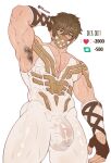  1boy abs absurdres aknox_m arm_behind_head armpits artist_name bara biceps bodysuit brown_eyes brown_hair bulge covered_nipples eikthyrnir_(fire_emblem) fingerless_gloves fire fire_emblem fire_emblem_heroes gauntlets gloves highres large_pectorals male_focus manly mask masked mature_male mouth_mask muscular muscular_arms muscular_male pectorals short_hair signature simple_background smell solo spiked_hair sweat sweatdrop thick_eyebrows thick_thighs thighs twitter_username variant_set wet wet_clothes 